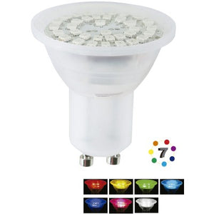 BOMBILLO LED GU10 110V 3W RGB 7 COLORES (CAMBIA CADA 7 SEG) 100º 20000H (25W)